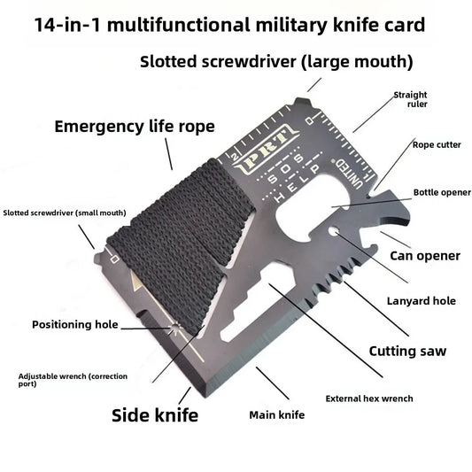 Carte outil multifonction 14-en-1 - Acier inoxydable qualité militaire - Coupe-fil, outil d'urgence EDC survie
