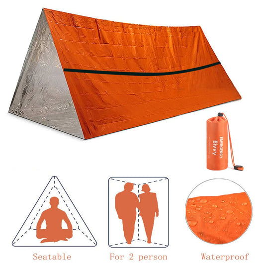 Abri d'urgence pour 2 personnes Bivouac Kit de tente de survie Sac de couchage en tente tubulaire Mylar Couverture thermique imperméable extérieure SOS Réutilisable